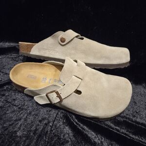 Birkenstock Taupe Suede Boston Clogs Slip-On Loafers Size 44 EUR 11 / 11.5 US